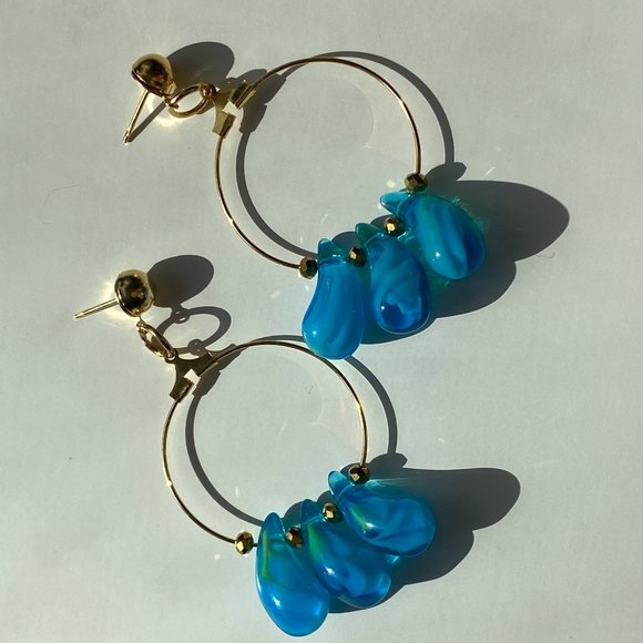 Lampwork Turquoise Teardrop Glass on Gold Plated Hoops - Picture 2 of 6